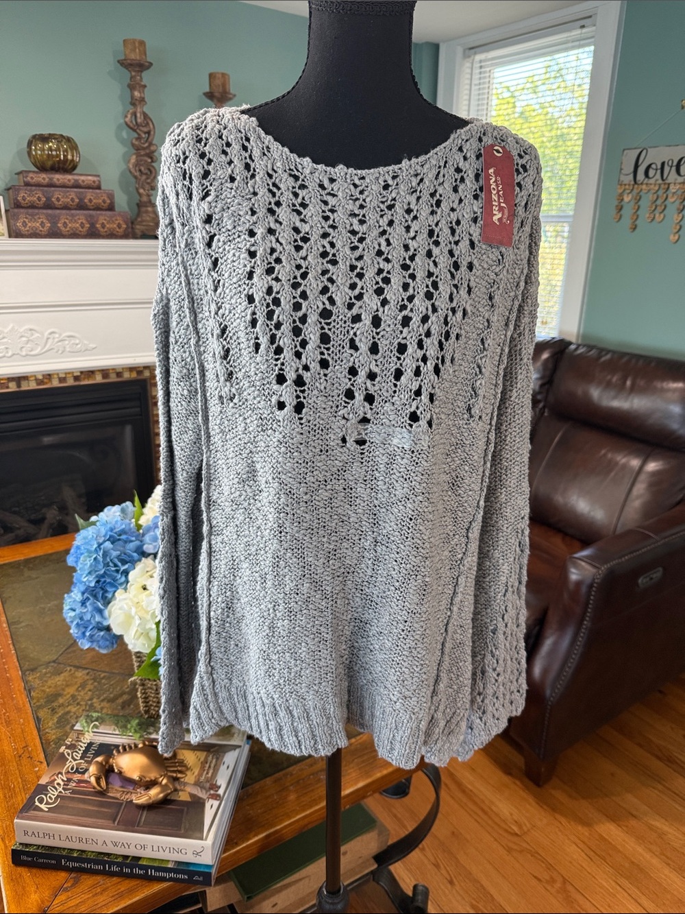 Arizona Jean Company Light Gray Open-Knit Scoop Neck Sweater 100% Cotton